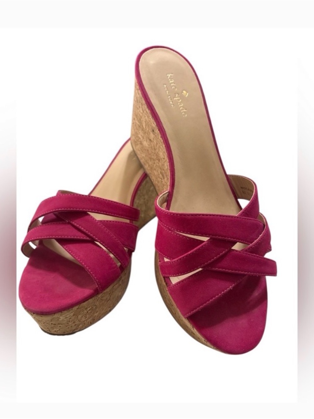 Kate Spade Talcott Pink Suede Cork Wedge Sandals Crisscross Platform NIB Size 7 - Picture 2 of 14